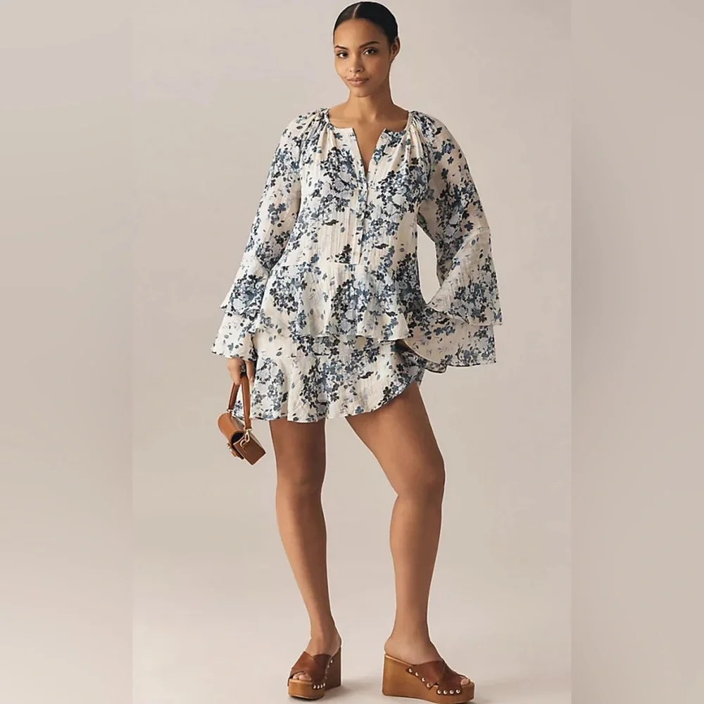 Anthropologie Maeve long sleeve v neck mini swing dress - Picture 3 of 7